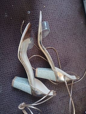 Metallic Gold Clear Strap Diamond Block Heel Sandals - Women Lace Up